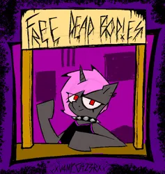 Size: 678x716 | Tagged: semi-grimdark, artist:xxv4mp_g4z3rxx, derpibooru import, oc, oc:ivy crystals, unofficial characters only, pony, unicorn, collar, female, horn, image, mare, pink mane, png, red eyes, sign, signature, smug, solo, spiked collar, unicorn oc