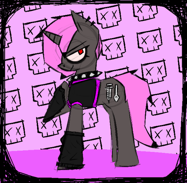 Size: 1180x1154 | Tagged: safe, artist:xxv4mp_g4z3rxx, derpibooru import, oc, oc:ivy crystals, unofficial characters only, pony, unicorn, arm warmers, clothes, collar, hoof on chest, horn, image, pink mane, png, raised hoof, red eyes, smiling, solo, spiked collar, unicorn oc