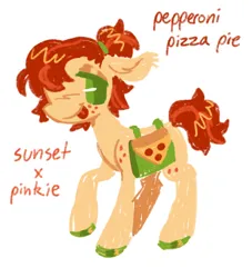 Size: 484x533 | Tagged: safe, artist:webkinzworldz, oc, oc:pepperoni pizza pie, earth pony, pony, ambiguous gender, bag, colored hooves, image, magical lesbian spawn, next generation, offspring, parent:pinkie pie, parent:sunset shimmer, parents:sunsetpie, png, saddle bag, simple background, solo, tongue out, white background