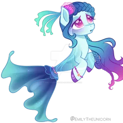 Size: 894x894 | Tagged: safe, artist:x-emilytheunicorn-x, derpibooru import, oc, unofficial characters only, merpony, pony, seapony (g4), base used, blue mane, deviantart watermark, digital art, female, fins, fish tail, flower, flower in hair, flowing mane, flowing tail, image, mare, obtrusive watermark, open mouth, pink eyes, png, seaponified, signature, simple background, solo, species swap, tail, transparent background, watermark