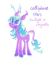 Size: 472x565 | Tagged: safe, artist:webkinzworldz, oc, oc:cellophane stars, changedling, changeling, hybrid, antennae, colored hooves, female, image, interspecies offspring, leonine tail, magical lesbian spawn, next generation, offspring, parent:queen chrysalis, parent:twilight sparkle, parents:twisalis, png, simple background, solo, tongue out, white background