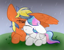 Size: 997x791 | Tagged: safe, artist:sugarcloud12, derpibooru import, oc, oc:jake heart, oc:sugar cloud, pegasus, pony, female, glasses, image, lying down, male, mare, png, prone, stallion, wing umbrella, wings