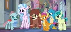 Size: 1593x731 | Tagged: safe, derpibooru import, screencap, gallus, ocellus, sandbar, silverstream, smolder, yona, changedling, changeling, classical hippogriff, dragon, earth pony, gryphon, hippogriff, pony, yak, school daze, cloven hooves, cropped, image, jewelry, necklace, png, student six