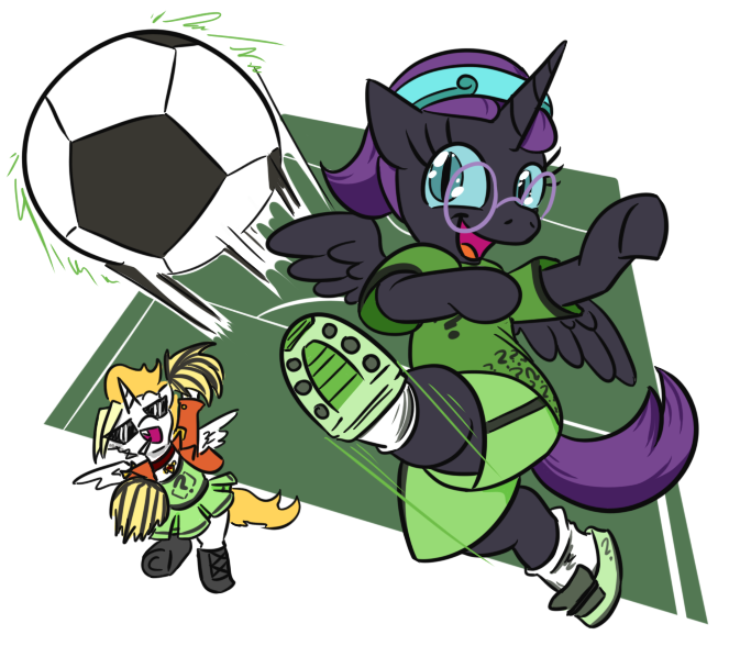 Size: 663x588 | Tagged: safe, artist:jargon scott, derpibooru import, oc, oc:dyx, oc:nyx, unofficial characters only, alicorn, pony, 4chan cup, bipedal, boots, cheerleader, cheerleader outfit, cigarette, clothes, duo, female, filly, foal, football, glasses, image, kicking, looking at you, open mouth, open smile, png, pom pom, shoes, siblings, simple background, sisters, slit pupils, smiling, smiling at you, smoking, sneakers, sports, sunglasses, underhoof, white background