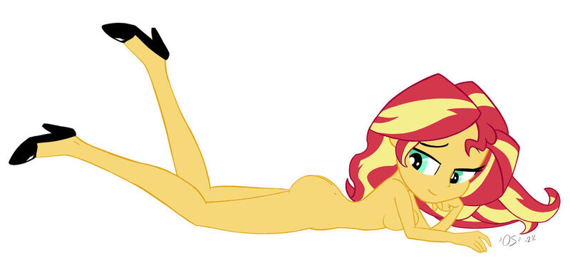 Size: 1280x590 | Tagged: questionable, artist:calmbreezes, derpibooru import, sunset shimmer, equestria girls, ass, breasts, butt, clothes, cute, female, image, jpeg, lying down, nudity, shimmerbetes, shoes, simple background, solo, solo female, vector, white background