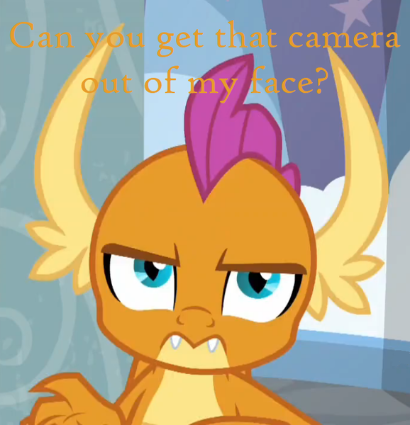 Size: 673x699 | Tagged: safe, artist:thegamerpainter, derpibooru import, edit, edited screencap, screencap, smolder, dragon, school daze, angry, anti-bronybait, breaking the fourth wall, caption, chowder, cropped, dragoness, female, image, image macro, looking at you, mung daal, open mouth, png, reference, smolder is not amused, solo, teeth, text, unamused