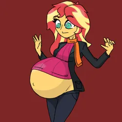 Size: 2048x2048 | Tagged: safe, artist:elizapregs, derpibooru import, sunset shimmer, equestria girls, belly, belly button, big belly, clothes, image, jacket, looking at belly, looking down, pants, png, pregnant, scarf, sweater, wardrobe malfunction