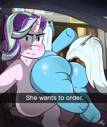 Size: 1600x1900 | Tagged: suggestive, artist:str8aura-draws-horses-and-stuff, derpibooru import, starlight glimmer, trixie, pony, unicorn, ass, butt, dock, fat, he wants to order, image, meme, png, ponified meme, selfie, snapchat, tail