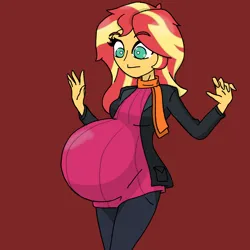 Size: 2048x2048 | Tagged: safe, alternate version, artist:elizapregs, derpibooru import, sunset shimmer, equestria girls, belly, big belly, clothes, image, jacket, looking at belly, looking down, pants, png, pregnant, scarf, sweater