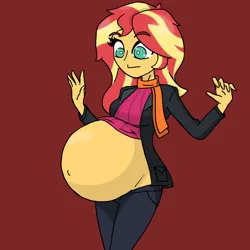 Size: 2048x2048 | Tagged: safe, alternate version, artist:elizapregs, derpibooru import, sunset shimmer, equestria girls, belly, belly button, big belly, clothes, image, jacket, looking at belly, looking down, pants, png, pregnant, scarf, sweater, wardrobe malfunction