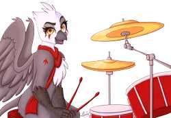 Size: 3200x2200 | Tagged: safe, artist:mxiiisy, derpibooru import, part of a set, oc, oc:akelza, oc:akelzai aelvana, unofficial characters only, avian, bird, gryphon, beak, clothes, drum kit, drum set, drums, facial markings, feather, griffon oc, halfbody, image, looking at you, markings, musical instrument, png, red scarf, scarf, simple background, sitting, smiling, solo, spread wings, stool, tattoo, transparent background, wings, yellow eyes