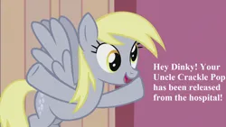 Size: 1920x1080 | Tagged: safe, derpibooru import, edit, edited screencap, screencap, derpy hooves, pegasus, pony, slice of life (episode), cute, derpabetes, image, implied crackle pop, implied dinky, offscreen character, png, solo, speech, talking