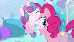 Size: 520x293 | Tagged: safe, derpibooru import, pinkie pie, princess flurry heart, alicorn, earth pony, pony, the crystalling, animated, cartoon physics, foal, gif, image, out of context, pinkie being pinkie, pinkie physics