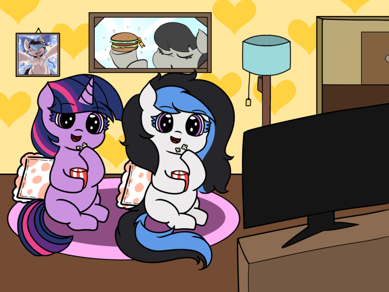 Size: 3072x2304 | Tagged: safe, artist:malachimoet, artist:msbluejune, derpibooru import, octavia melody, twilight sparkle, oc, oc:msbluejune, pony, burger, chubby, colored background, cute, duo, food, hamburger, happy, image, png, popcorn, television