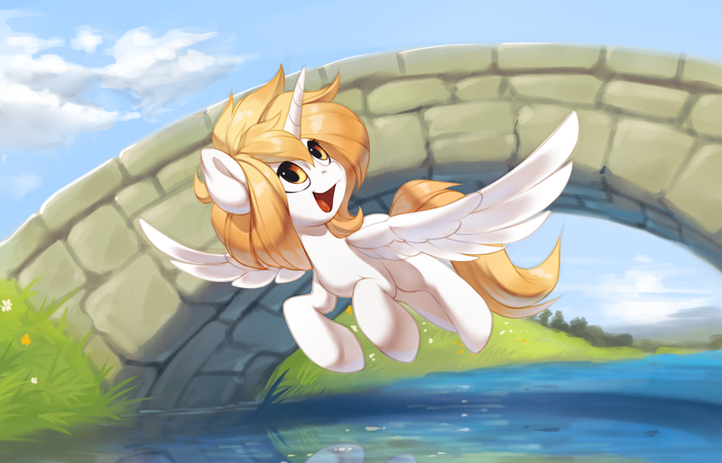 Size: 4000x2570 | Tagged: safe, artist:vistamage, derpibooru import, oc, unofficial characters only, alicorn, bridge, flying, image, png, solo, tack