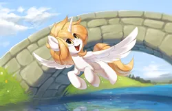 Size: 4000x2570 | Tagged: safe, artist:vistamage, derpibooru import, oc, unofficial characters only, alicorn, bridge, flying, image, png, solo, tack