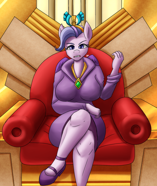 Size: 1600x1900 | Tagged: safe, artist:zachc, derpibooru import, queen haven, anthro, pegasus, clothes, crossed legs, dress, female, g5, image, jewelry, looking at you, png, sitting, solo