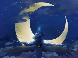 Size: 2160x1620 | Tagged: safe, artist:lendftcn, derpibooru import, princess luna, alicorn, pony, crescent moon, female, glow, glowing horn, horn, image, looking at you, mare, moon, night, png, solo, spread wings, wings