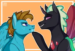 Size: 4232x2893 | Tagged: safe, artist:criedwolf, derpibooru import, oc, oc:carbon, oc:ptero, unofficial characters only, changedling, changeling, pegasus, pony, annoyed, bedroom eyes, blue eyes, brown hair, brown mane, changedling oc, changeling oc, gay, high res, hoof on chin, horn, image, male, oc x oc, pegasus oc, png, purple eyes, shipping, simple background, smiling, smirk, wings