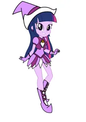 Size: 3035x4299 | Tagged: safe, artist:rollyagami02, derpibooru import, twilight sparkle, human, equestria girls, boots, clothes, clothes swap, cosplay, costume, ear piercing, earring, ellie craft, gloves, hat, high heel boots, high heels, image, jewelry, magical doremi, ojamajo doremi, onpu segawa, piercing, png, purple dress, shoes, simple background, solo, white background, witch, witch apprentice, witch costume, witch hat, witchling