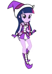 Size: 3035x4299 | Tagged: safe, artist:rollyagami02, derpibooru import, twilight sparkle, human, equestria girls, boots, clothes, clothes swap, cosplay, costume, ear piercing, earring, ellie craft, gloves, hat, high heel boots, high heels, image, jewelry, magical doremi, ojamajo doremi, onpu segawa, piercing, png, purple dress, shoes, simple background, solo, white background, witch, witch apprentice, witch costume, witch hat, witchling