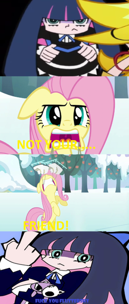 Size: 330x776 | Tagged: safe, artist:kitsonicko, derpibooru import, edit, edited screencap, screencap, fluttershy, cat, human, pegasus, pony, keep calm and flutter on, season 3, anarchy panty, anarchy stocking, angry, apple, bow, bracelet, dialogue, ear piercing, earring, female, floppy ears, food, frown, gothic lolita, hair bow, honekoneko, ice, ice skates, ice skating, image, jewelry, mare, middle finger, mouth hold, panty and stocking with garterbelt, piercing, plushie, png, snow, text, tree, unamused, vulgar