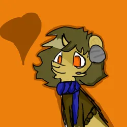 Size: 1000x1000 | Tagged: safe, artist:rits, derpibooru import, oc, oc:sagiri himoto, unofficial characters only, unicorn, brown coat, brown eyes, brown mane, brown tail, clothes, derpibooru exclusive, headphones, heart, horn, image, orange eyes, png, scarf, simple background, solo, sweater, tail, unicorn oc