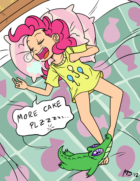 Size: 1041x1347 | Tagged: safe, artist:megasweet, artist:smile, edit, edited edit, editor:anonymous, twibooru exclusive, gummy, pinkie pie, human, bed, child, clothes, drool, feet, female, humanized, image, lolicon, onomatopoeia, partial nudity, pillow, png, shirt, sleeping, snot bubble, solo, sound effects, underage, underwear, younger, zzz