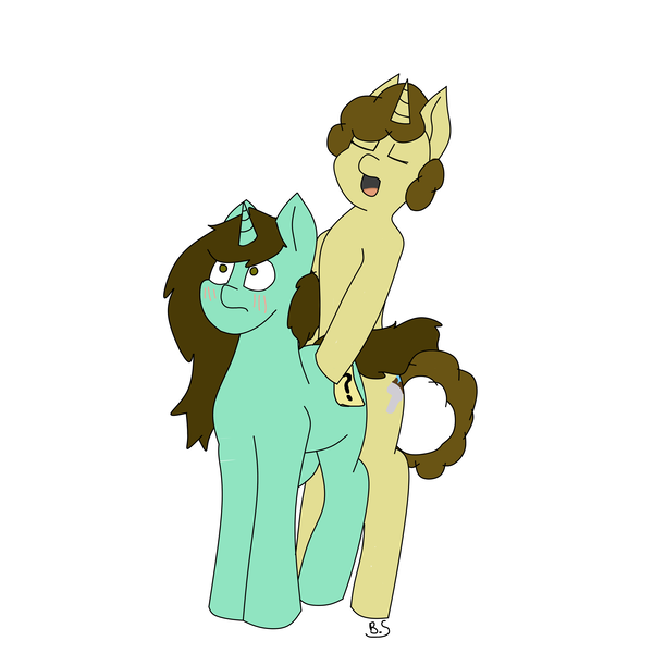 Size: 4876x4876 | Tagged: questionable, artist:smushybroner, derpibooru import, oc, oc:paintedskies, oc:smushy, pony, unicorn, from behind, image, lifted up, png, simple background, surprised, white background