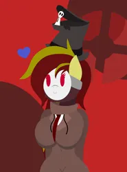 Size: 1702x2304 | Tagged: suggestive, artist:isaac_pony, derpibooru import, oc, oc:petit rouge, anthro, earth pony, ghost, undead, :3, breasts, cigarette, clothes, female, hat, heart, image, logo, mask, old version, png, pocket watch, red background, simple background, smiling, solo, spy, suit, team fortress 2, tied, vector