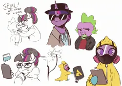 Size: 2480x1754 | Tagged: safe, artist:nire, derpibooru import, spike, twilight sparkle, earth pony, pony, unicorn, barrel, breaking bad, clipboard, drugs, female, hair bun, hat, hazmat suit, image, jesse pinkman, jpeg, male, mare, meth, simple background, tongue out, unicorn twilight, walter white, white background