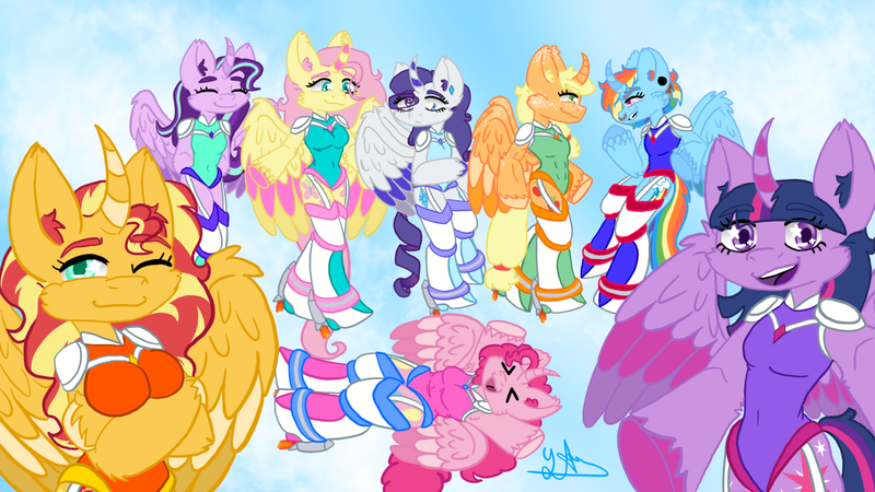 Size: 1280x720 | Tagged: safe, artist:yarart123, derpibooru import, applejack, fluttershy, pinkie pie, rainbow dash, rarity, starlight glimmer, sunset shimmer, twilight sparkle, twilight sparkle (alicorn), alicorn, anthro, unguligrade anthro, alicornified, alternate mane seven, applecorn, arm hooves, clothes, crossed arms, fluttercorn, flying, happy, image, leotard, mane six, nose piercing, nose ring, piercing, pinkiecorn, png, race swap, rainbowcorn, raricorn, rocket boots, shimmercorn, sky, sky background, starlicorn, xk-class end-of-the-world scenario