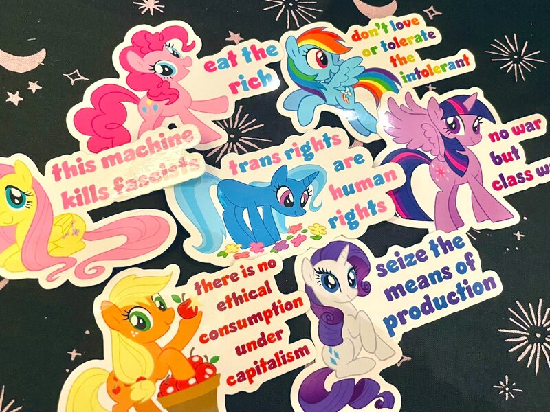 Size: 2048x1536 | Tagged: safe, artist:dawnfire, applejack, fluttershy, pinkie pie, rainbow dash, rarity, trixie, twilight sparkle, alicorn, earth pony, pegasus, pony, unicorn, communism, female, image, jpeg, mare, mouthpiece, politics, sticker, transgender