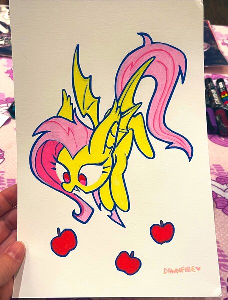 Size: 1560x2048 | Tagged: safe, artist:dawnfire, fluttershy, bat pony, pony, apple, bat ponified, bat wings, fangs, female, flutterbat, food, image, jpeg, mare, open mouth, race swap, signature, simple background, solo, traditional art, wings