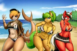 Size: 1800x1200 | Tagged: suggestive, artist:d-lowell, oc, oc:amaris, oc:oasis, oc:rosalia, unofficial characters only, anthro, earth pony, original species, shark, shark pony, unicorn, beach, belly button, bikini, bra, clothes, cowprint, female, glasses, horn, image, jacket, jpeg, looking at you, ocean, open mouth, pale belly, panties, skirt, swimsuit, thong, trio, underwear