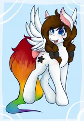 Size: 1423x2048 | Tagged: safe, artist:mscolorsplash, derpibooru import, oc, oc:color splash, unofficial characters only, pegasus, pony, bow, female, image, jpeg, mare, open mouth, open smile, rainbow tail, smiling, solo, spread wings, tail, tail bow, wings