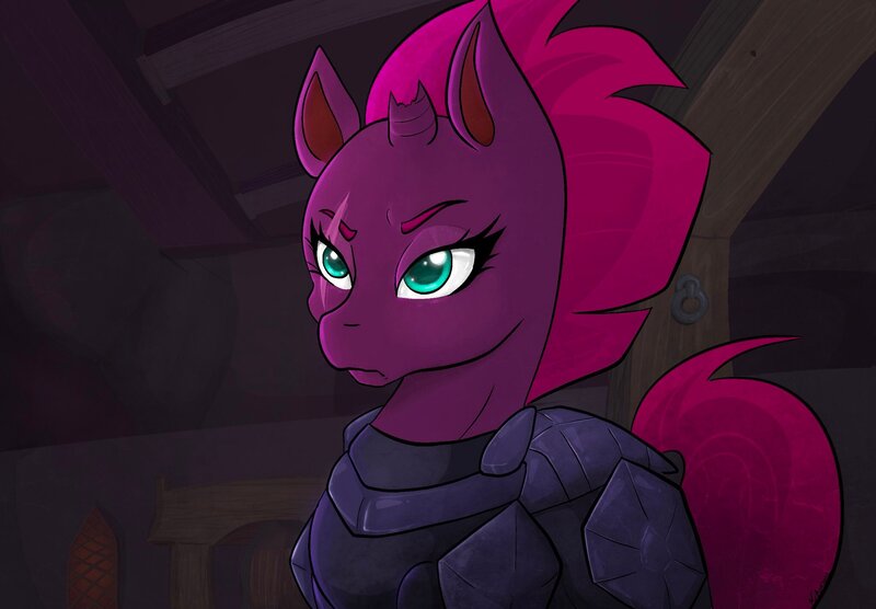 Size: 2048x1423 | Tagged: safe, artist:mscolorsplash, derpibooru import, tempest shadow, pony, unicorn, my little pony: the movie, armor, broken horn, female, frown, horn, image, jpeg, mare, scene interpretation, solo