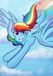 Size: 1423x2048 | Tagged: safe, artist:mscolorsplash, derpibooru import, rainbow dash, pegasus, pony, cloud, eye clipping through hair, eyebrows, eyebrows visible through hair, female, flying, grin, image, jpeg, looking back, mare, rainbow trail, signature, sky, smiling, solo, spread wings, wings