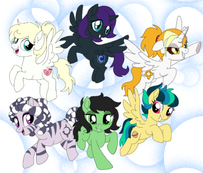 Size: 398x340 | Tagged: safe, artist:unoriginai, derpibooru import, edit, oc, oc:anonfilly, oc:apogee, oc:dyx, oc:luftkrieg, oc:nyx, oc:zala, unofficial characters only, alicorn, earth pony, pegasus, pony, zebra, alternate mane six, cropped, female, filly, flying, horn, image, mare, png, ponytail, question mark, raised hoof, smiling, spread wings, wings