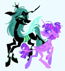 Size: 1157x1258 | Tagged: safe, artist:webkinzworldz, queen chrysalis, twilight sparkle, twilight sparkle (alicorn), alicorn, changedling, changeling, pony, alternate design, duo, female, image, leonine tail, lesbian, looking at each other, mare, png, shipping, simple background, twisalis, white background