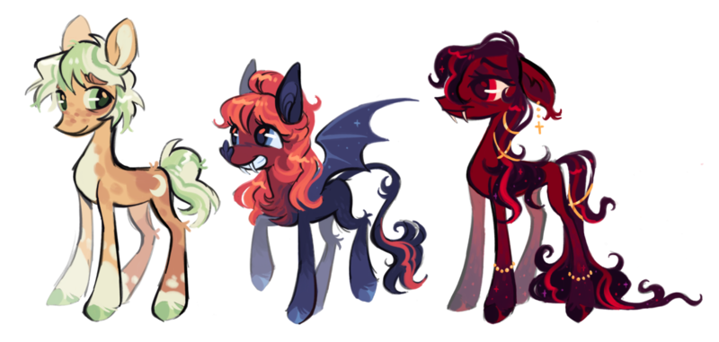 Size: 1280x610 | Tagged: safe, artist:webkinzworldz, oc, oc:chiroptera crisp, oc:harvest moon, oc:velvet persimmon, bat pony, earth pony, pony, bat wings, bracelet, coat markings, colored hooves, fangs, female, image, jewelry, leonine tail, looking at each other, magical lesbian spawn, male, next generation, offspring, parent:applejack, parent:princess luna, parents:lunajack, png, siblings, simple background, white background, wings