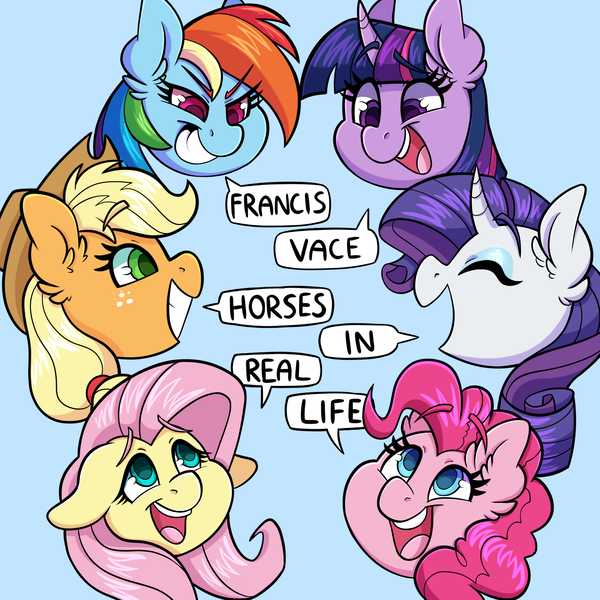 Size: 3000x3000 | Tagged: safe, artist:shyshyoctavia, derpibooru import, applejack, fluttershy, pinkie pie, rainbow dash, rarity, twilight sparkle, pony, album cover, bust, high res, image, mane six, png, portrait, simple background, smiling