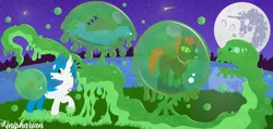 Size: 8386x4000 | Tagged: safe, artist:kinipharian, derpibooru import, oc, unofficial characters only, goo, latios, pony, snake, bubble, hypno eyes, image, kaa eyes, legendary pokémon, mare in the moon, moon, night, onomatopoeia, outdoors, png, pokémon, sleeping, sound effects, trapped, zzz