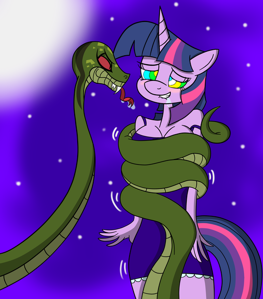 Size: 2200x2500 | Tagged: safe, artist:lunahazacookie, derpibooru import, twilight sparkle, anthro, snake, unicorn, clothes, coils, duo, female, hypno eyes, image, kaa eyes, night, outdoors, png, stars, unicorn twilight