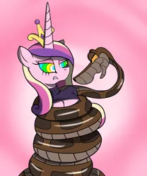 Size: 2500x3000 | Tagged: safe, artist:lunahazacookie, derpibooru import, princess cadance, alicorn, pony, snake, abstract background, bust, coils, duo, female, hypno eyes, image, kaa, kaa eyes, male, mare, png