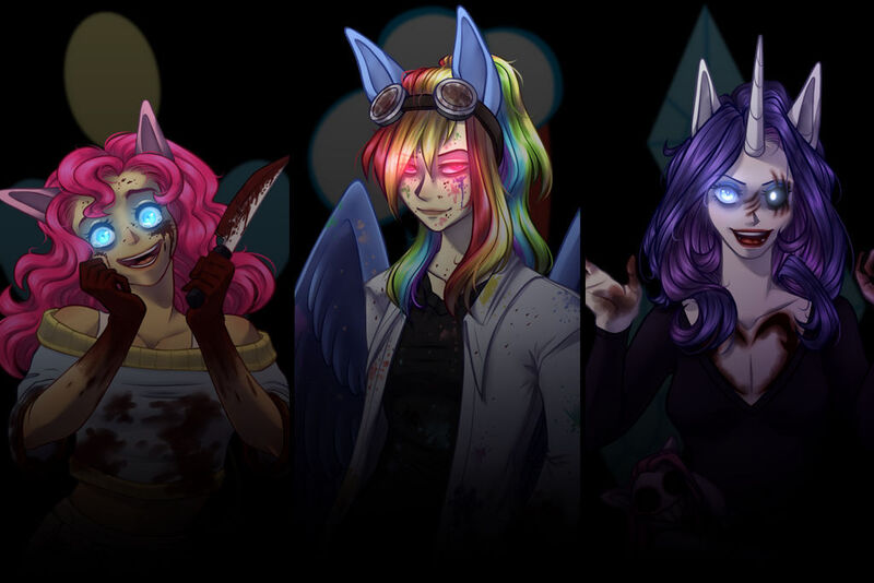 Size: 1024x683 | Tagged: semi-grimdark, artist:purplegrim40, derpibooru import, pinkie pie, rainbow dash, rarity, human, fanfic:cupcakes, fanfic:rainbow factory, lil-miss rarity, blood, clothes, fanfic art, female, glow, glowing eyes, horn, horned humanization, humanized, image, jpeg, knife, lab coat, smiling, winged humanization, wings