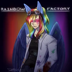 Size: 1000x1000 | Tagged: semi-grimdark, alternate version, artist:purplegrim40, derpibooru import, rainbow dash, human, fanfic:rainbow factory, blood, clothes, eared humanization, fanfic art, female, glow, glowing eyes, goggles, humanized, image, jpeg, lab coat, signature, solo, winged humanization, wings