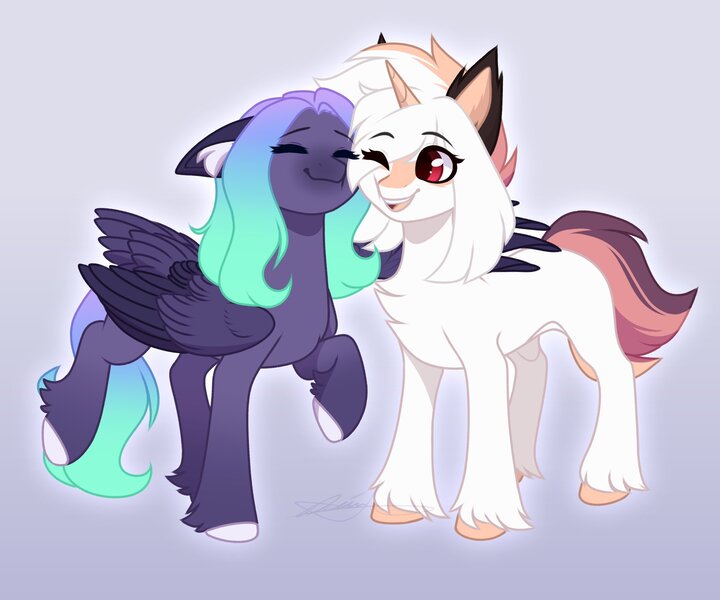 Size: 1800x1500 | Tagged: safe, artist:purplegrim40, derpibooru import, oc, unofficial characters only, pegasus, pony, unicorn, chest fluff, duo, ear fluff, female, floppy ears, gradient background, horn, image, jpeg, mare, one eye closed, pegasus oc, raised hoof, smiling, unicorn oc, unshorn fetlocks, wings, wink