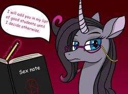 Size: 1530x1119 | Tagged: safe, artist:kpapwiss, derpibooru import, oleander (tfh), pony, unicorn, them's fightin' herds, bust, community related, death note, female, glasses, image, looking at you, mare, notebook, png, portrait, simple background, solo, solo female, text