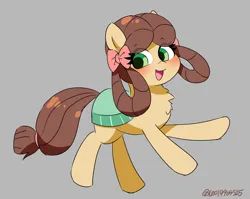 Size: 2796x2228 | Tagged: safe, artist:leo19969525, derpibooru import, yona, earth pony, pony, blushing, bow, brown hair, brown mane, brown tail, ears, ears up, female, g4, gray background, green eyes, hair, hair bow, image, jpeg, looking at you, mane, mare, open mouth, open smile, simple background, smiling, smiling at you, solo, species swap, tail